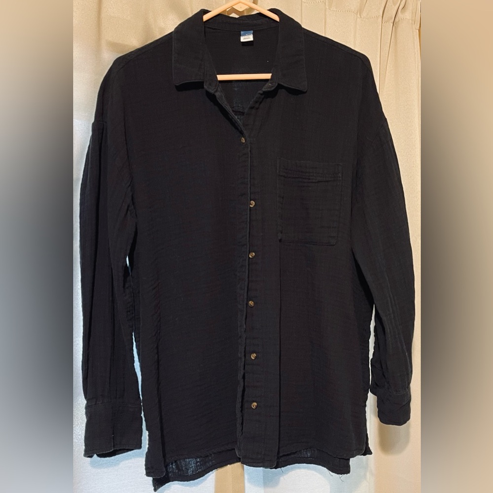 Old Navy Crinkle Gauze Loose Button Up Shirt -“BLACK JACK” Sz Large-NEVER WORN